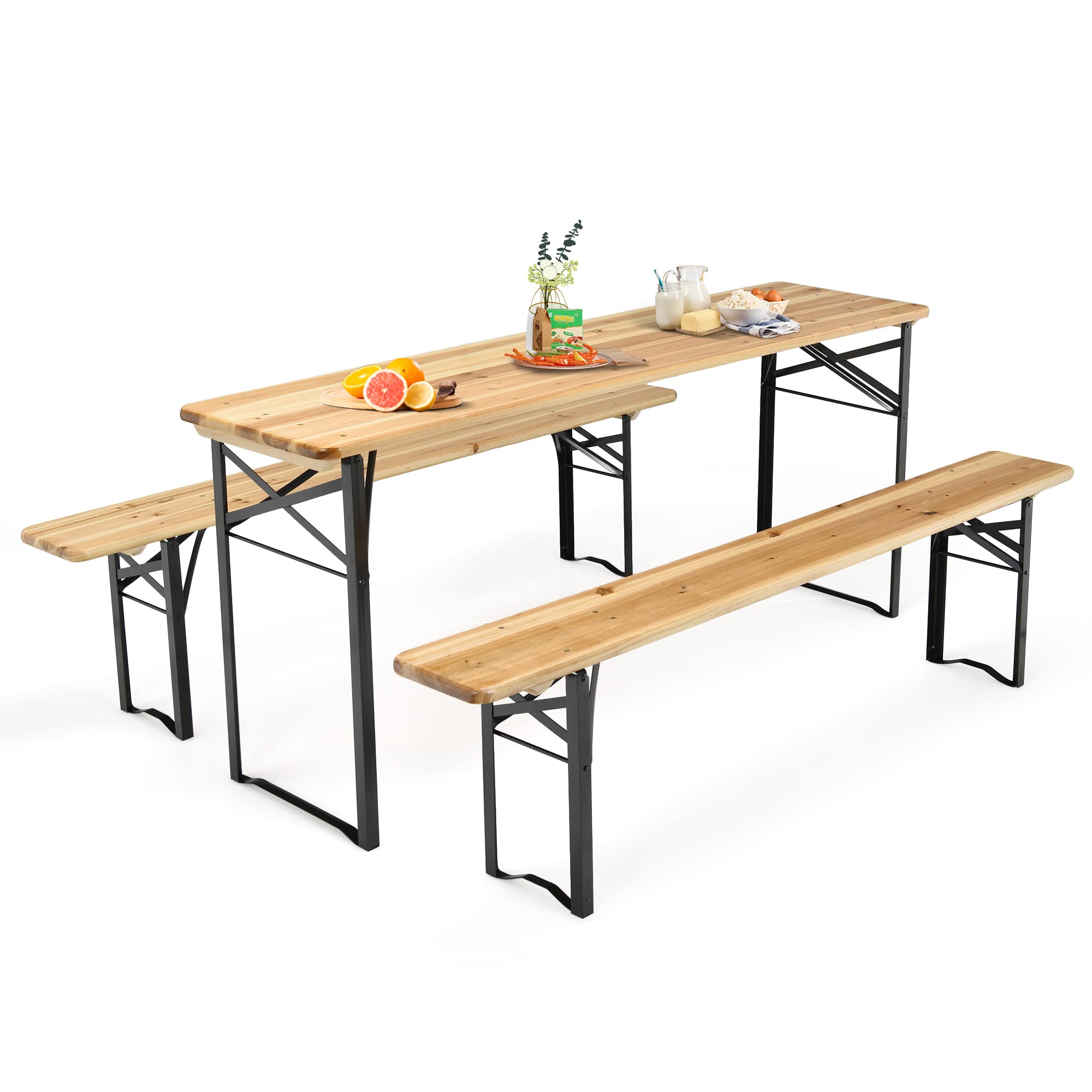 GIANTEX Set da Tavolo e 2 Panche da Campeggio Pieghevole, Tavolo da Picnic in Legno con Telaio e Gambe in Ferro Robusto，Adatto per Terrazza, Barbecue e Festa in Giardino