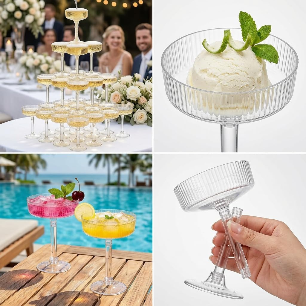 24 Pack 6oz Plastic Martini Glasses, Ribbed Coupe Glasses Set, Disposable Vintage Cocktail Cups for Champagne Tower, Wedding, Birthday, Party & Event Glassware