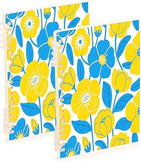 miaozhen A5 size Yellow Blue Flowers Woodblock Print school notebook 8.3" x 5.7" wire-bound school supplies for college 60 sheets for planner&business 2 pack