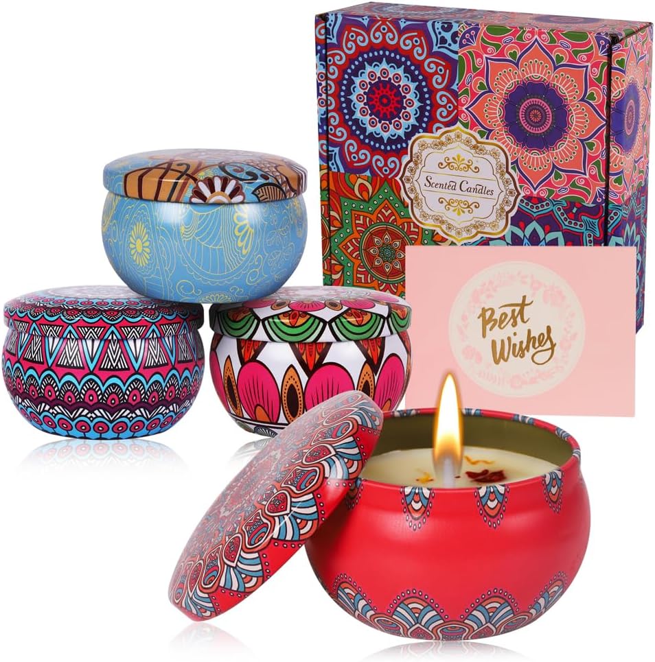 Scented Candles Gifts For Women, 4 Pack Metal Soy Vanilla Candle Presents For Her, Birthday Gifts, Mother's Day, Christmas