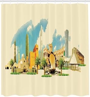 Ambesonne Landscape Shower Curtain, Doha Historical Arabian Qatar Avant Garde Watercolor Panorama with Brush Strokes, Fabric Bathroom Decor Set with Hooks, 105 inches Extra Wide, Multicolor