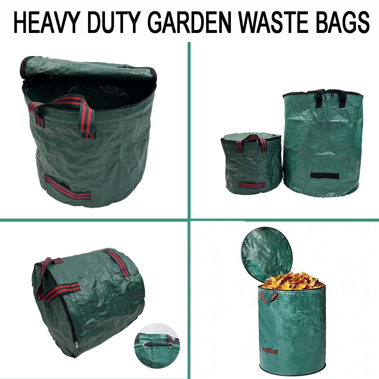 3 bolsas de basura de jardín con asas y tapa, reutilizables y resistentes para recoger residuos de plantas, hierba y hojas, bolsa de jardinería plegable impermeable (500 L)