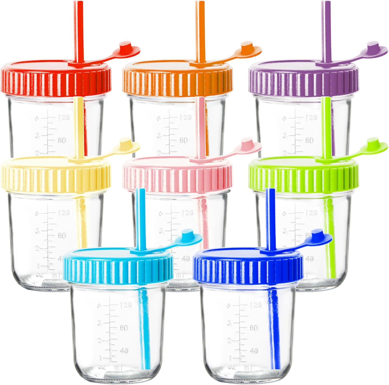 Youngever 8 Pack Kids Glass Jars With Straws, 6 Ounce Cups for Toddler, Mason Jars With Airtight Lids (8 Rainbow Colors)