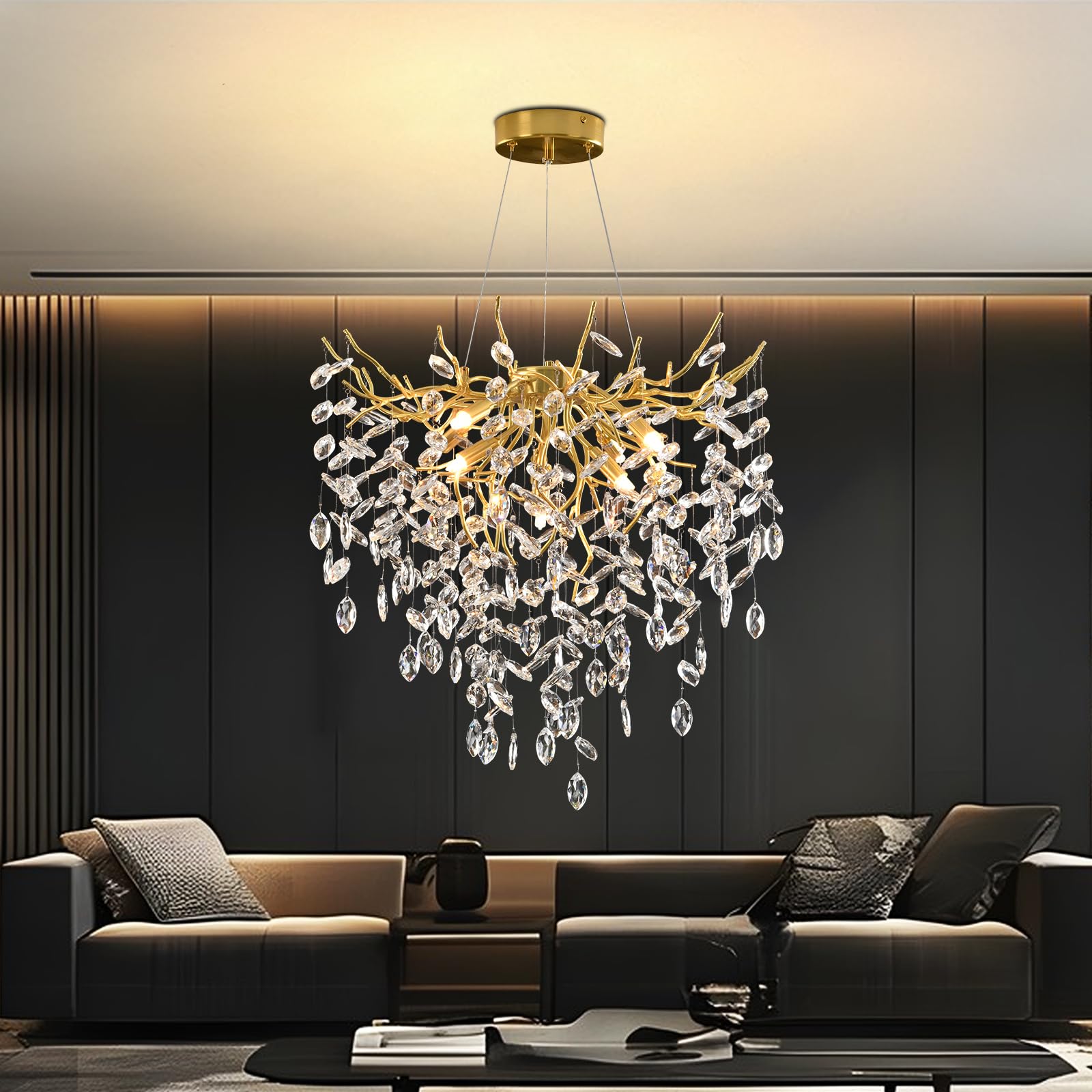 AHXIAOZN Lámpara de Araña Moderna de Cristal, Dorado Lámpara Colgante Oval de Cristal, K9 Cristal colgante de iluminación para sala de estar, comedor, dormitorio, restaurante, Dorado, 60cm