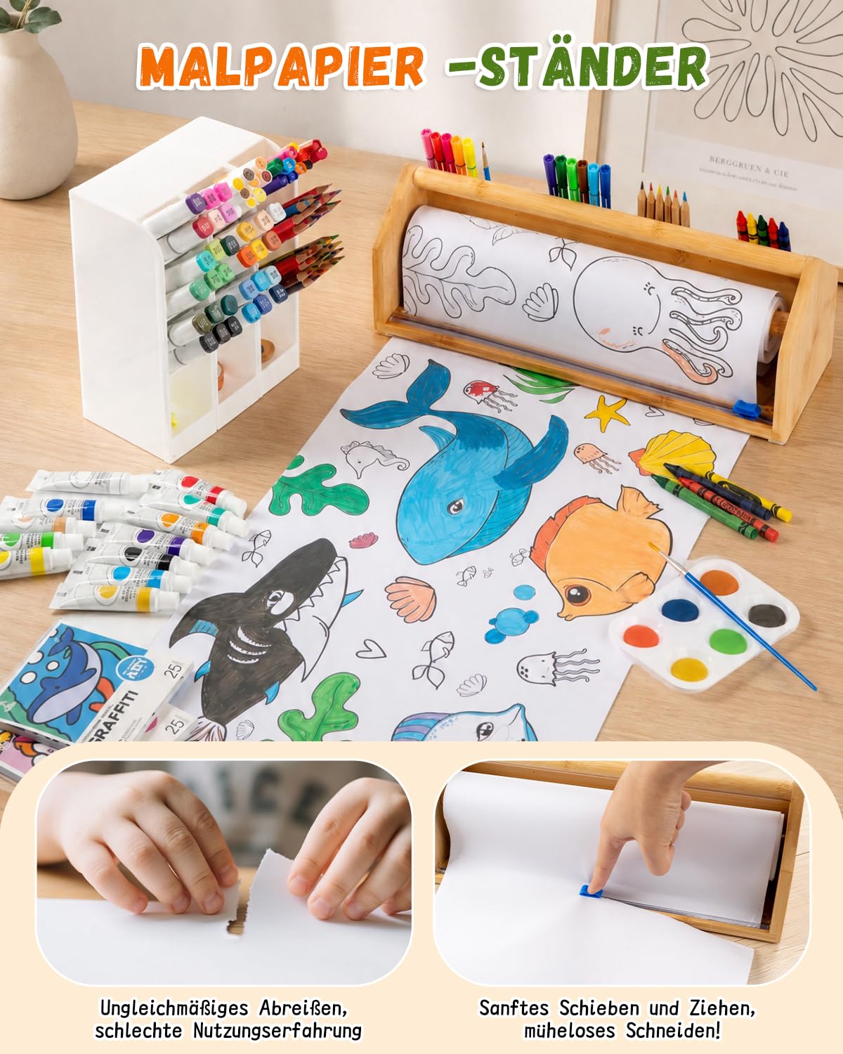 Kinder Staffelei mit Papierrolle – 36-teiliges Malset, Hölzerne Staffelei mit rutschfester Malunterlage, inklusive Malpapier, Pinsel & Farben, geeignet für Kinder ab 3 Jahren