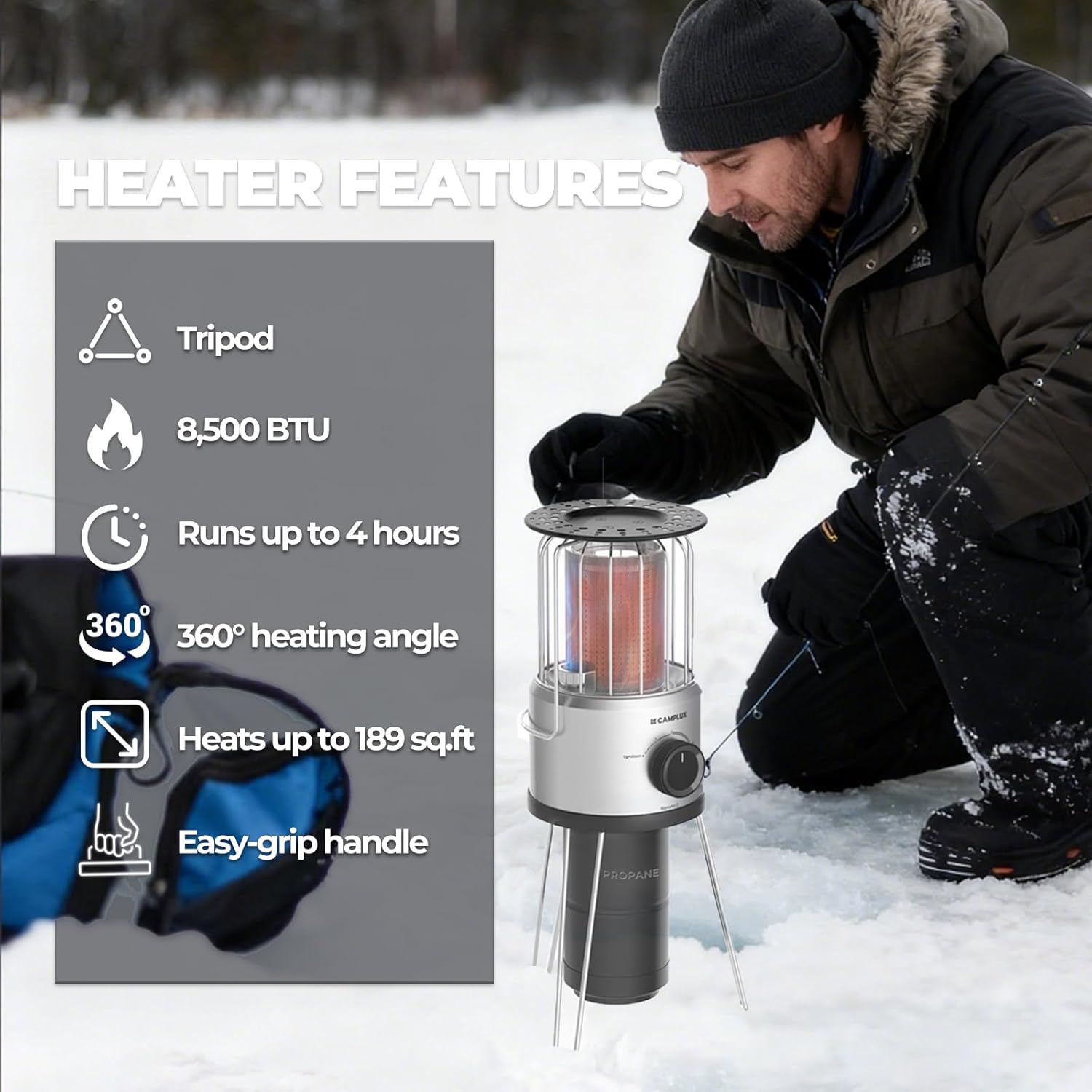 Portable Propane Heater, CAMPLUX 8,500 BTU Outdoor Patio Heater with Safety Tilt Switch and Adjustable Heat, 4.2Lb Light Weight with Storage Bag, Ideal for Camping Tents, Garages, Patio, Fishing Spots