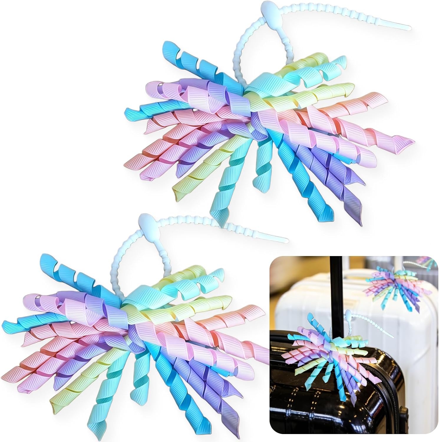 Luggage Pom Poms for Suitcases, Curly Luggage Identifiers with Secure Silicone Tie - Vibrant & Reusable Cute Luggage Tags for Suitcase, Backpack, Stroller