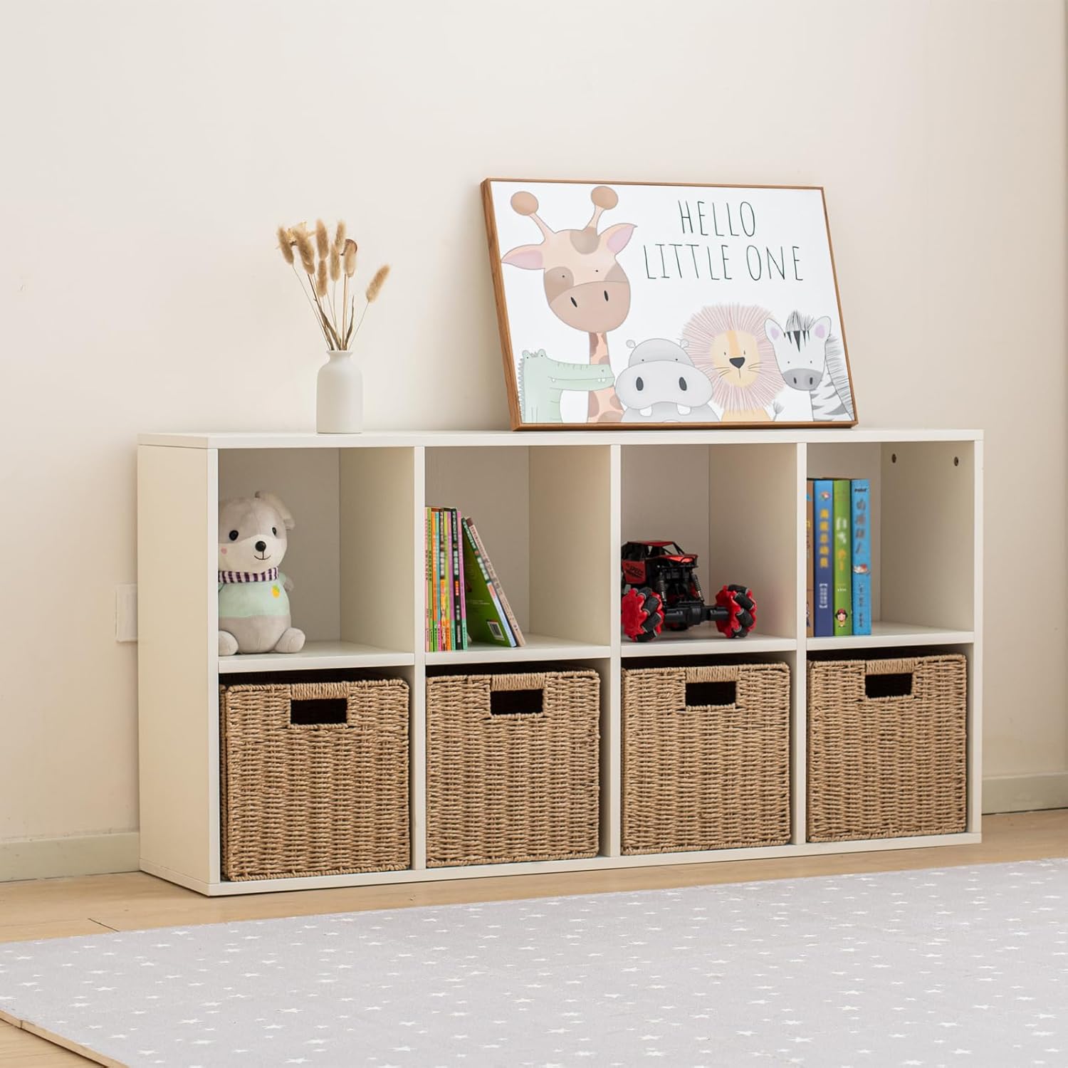 Wood 8-Compartment Storage Cabinet 8-Cube Storage Cabinet Organizer Wooden Cubby Bookshelf White 2 tier Open Cabinet Qquare Cubby Shelf for Home Office Living Room (8-Cube, 11 in Shelf Opening)