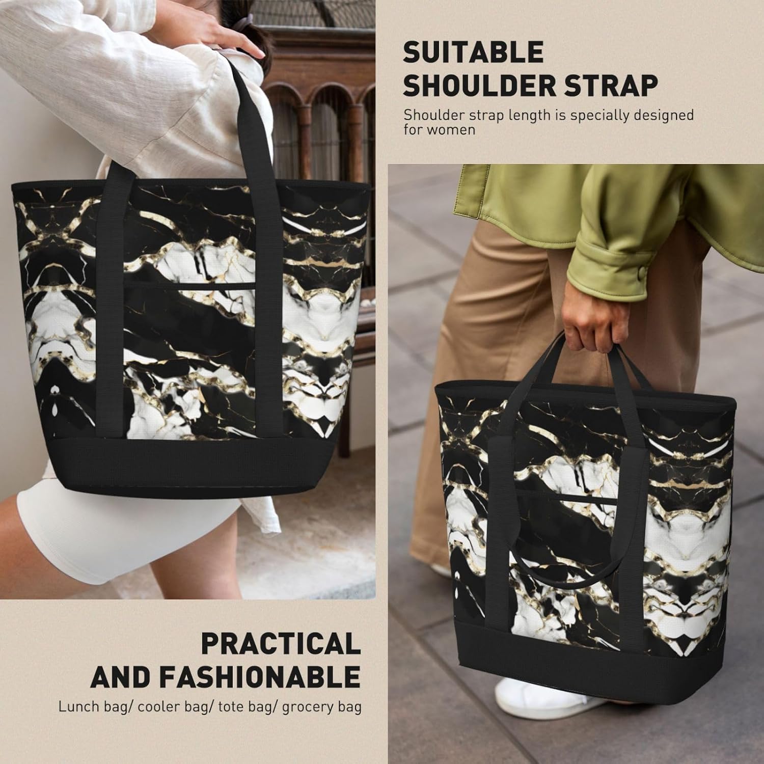 Black And White Marble Texture Print Large Cooler Bag Tote Bag,Reusable Grocery Bag,Lunch Box Bag, For Picnic Beach Camping