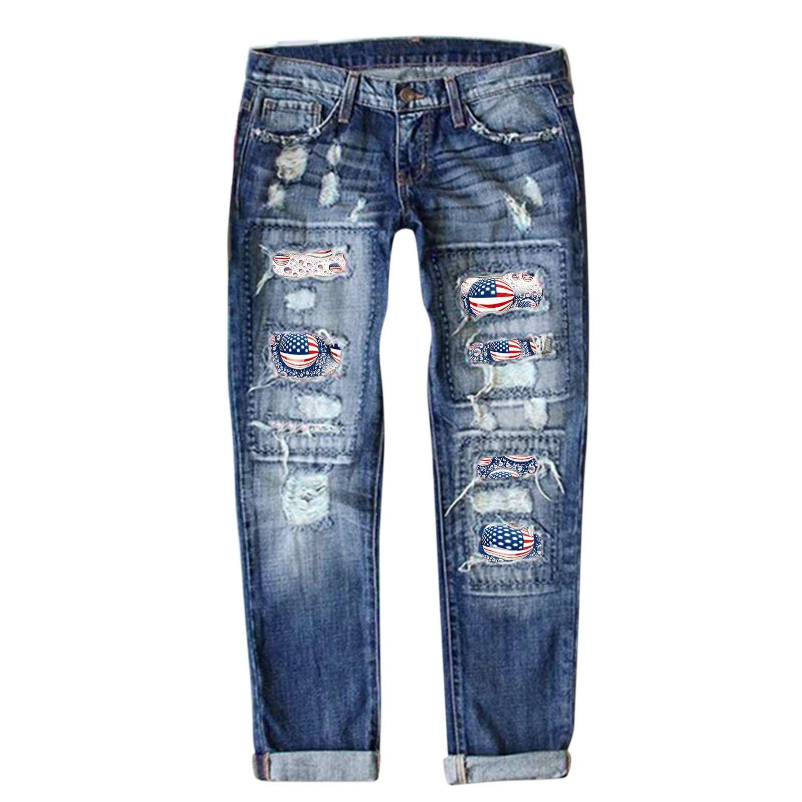 Hosen Für Damen Jeans Independence Day Print Zerrissene Hose Wide Leg High Waist Bauchweg Curvy Bootcut Dunkelblau Baggy Elegant Skinny Leggings 44 Baggy-Jeans Straight Damenhose Weites