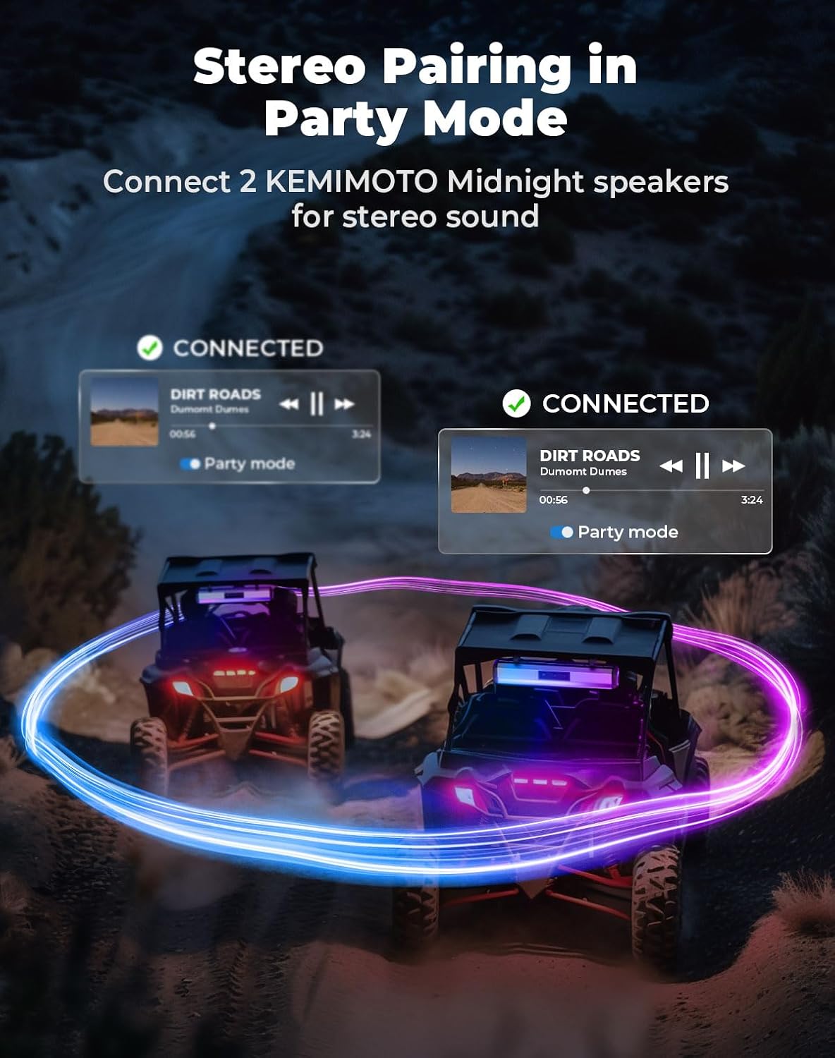 Sound bar mounted in a UTV with colorful ARGB lighting and a smartphone app for control