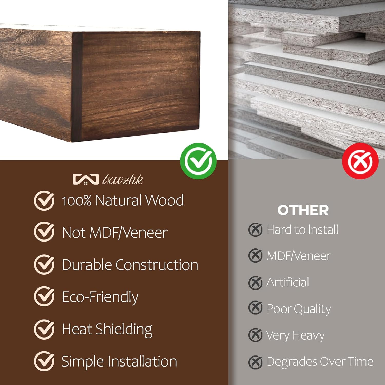 Fireplace Mantel Shelf, 60×8×5 Inch Wooden Floating Shelf for Over Fireplace, Handcrafted Wood Mantels, Wall-Mounted Mantel Shelves, Rustic Floating Mantels Shelves for Living Room, Brown
