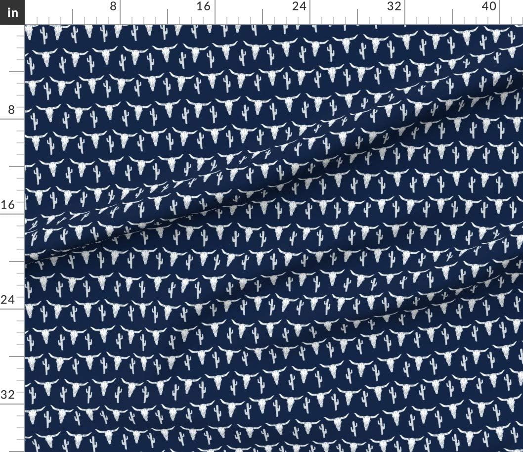 Spoonflower Fabric - Skull Cow Cattle Navy Blue Cactus Texas West Western Kids Boys Printed on Petal Signature Cotton Fabric Fat Quarter - Sewing Quilting Apparel Crafts Decor