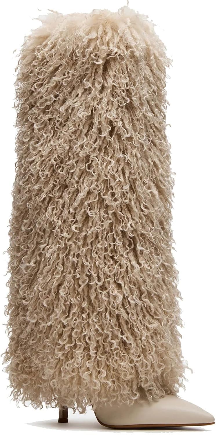 Fur Knee High Boots for Women Pointed Toe Stiletto Heel Fold Over Tall Boots Fashion Wide Calf Long Booties - Image 4