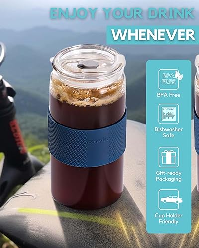 Miniatura 8 de ColoVie Vaso de vidrio con tapas 3 en 1 y popotes de vidrio (puntas de silicona adicionales), funda protectora de silicona, taza de café helado,