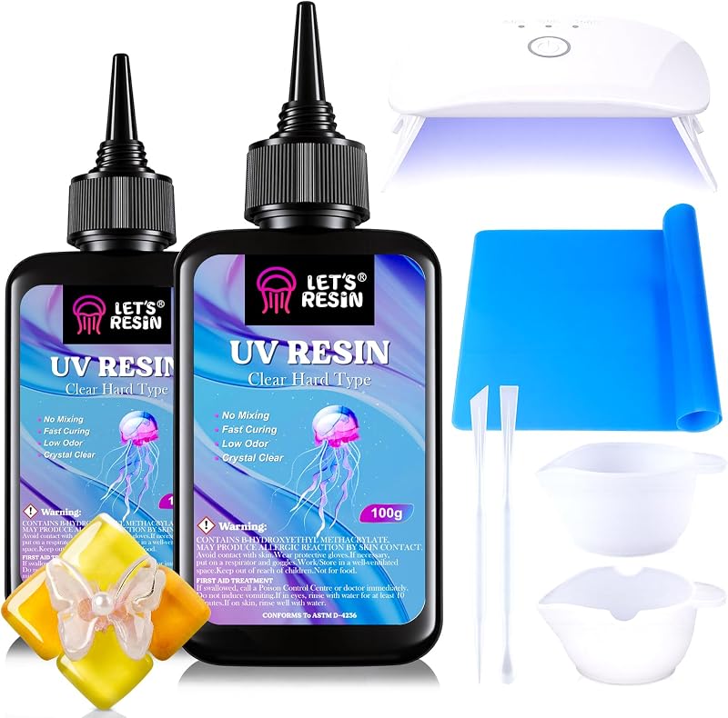 LET'S RESIN UV Resin with Light, Upgraded 200g Starter Kit for Jewelry | Crystal Clear, Low Odor, Anti-Yellowing, Fast Cure, Low Shrinkage, Low Viscosity for UV Jewelry, Earrings, Necklace, Keychain