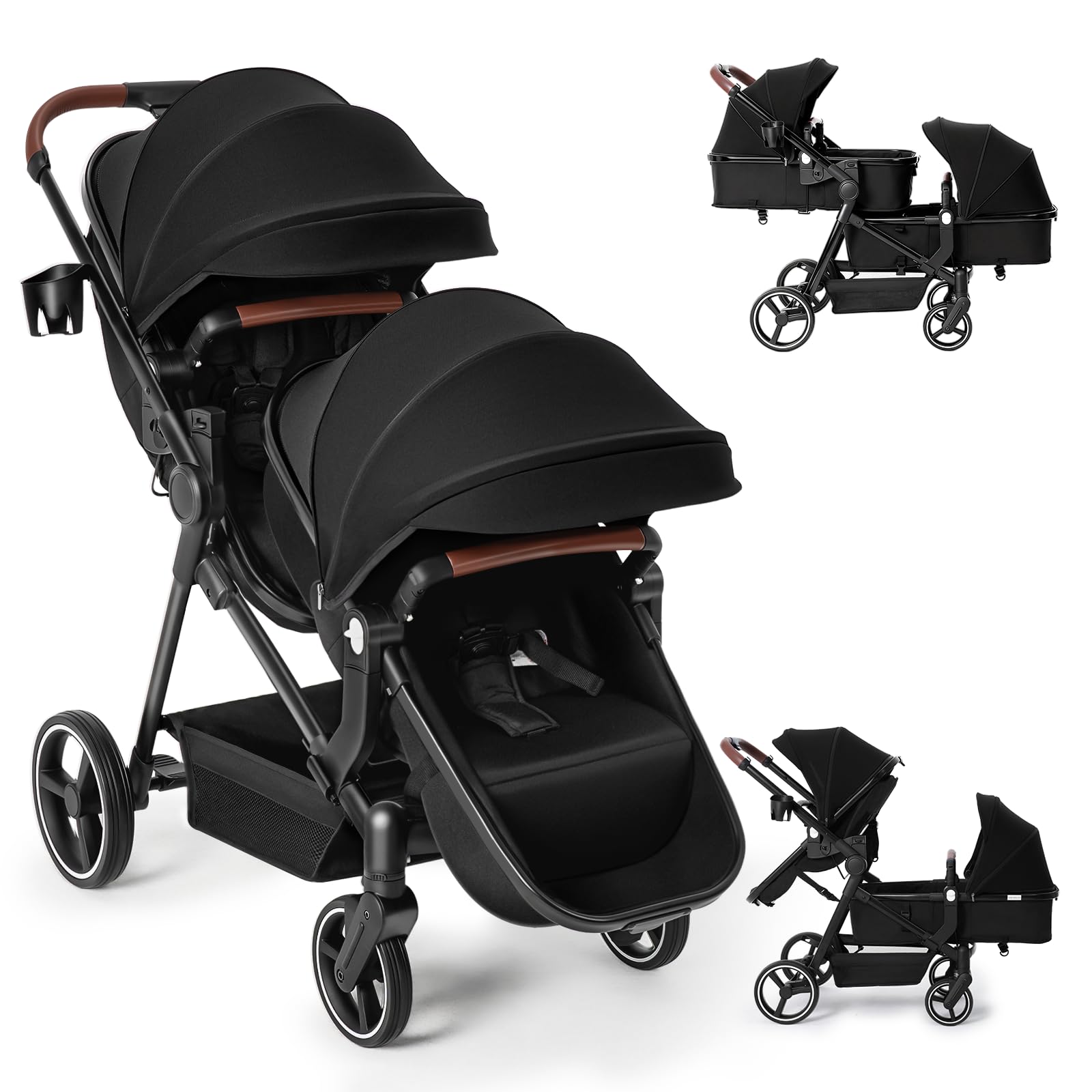 Double Stroller Newborn and Toddler, Foldable Tandem Twin Baby Travel Stroller, Reversible Seat, Adjustable Backrest, Storage Basket/Cup Holder, for 0-3 Kids - 1