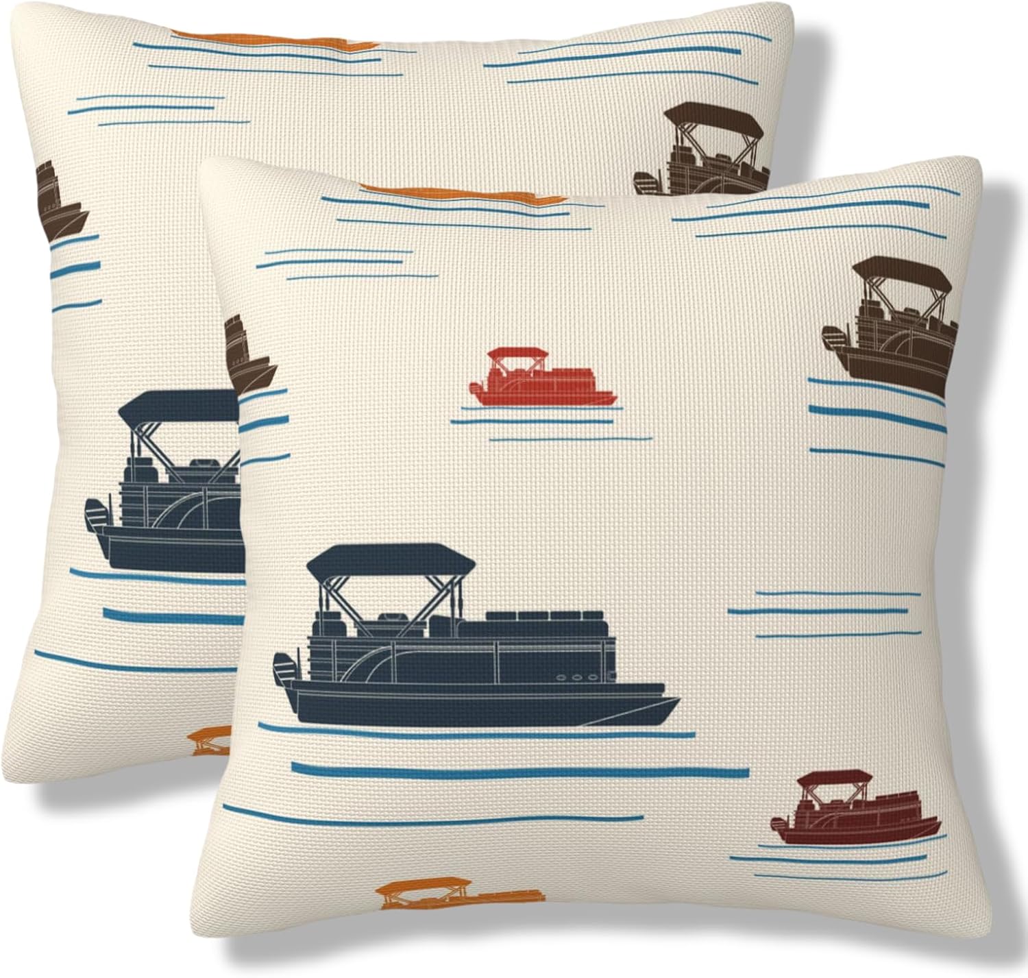 Pontoon Boat Lake Throw Pillow Covers Beach Canopy Dock Square Pillow Cover 18x18 Inch Set of 2 Watercraft Blue Brown Decorative Pillowcase Cushion Cases Home Decor for Couch Sofa