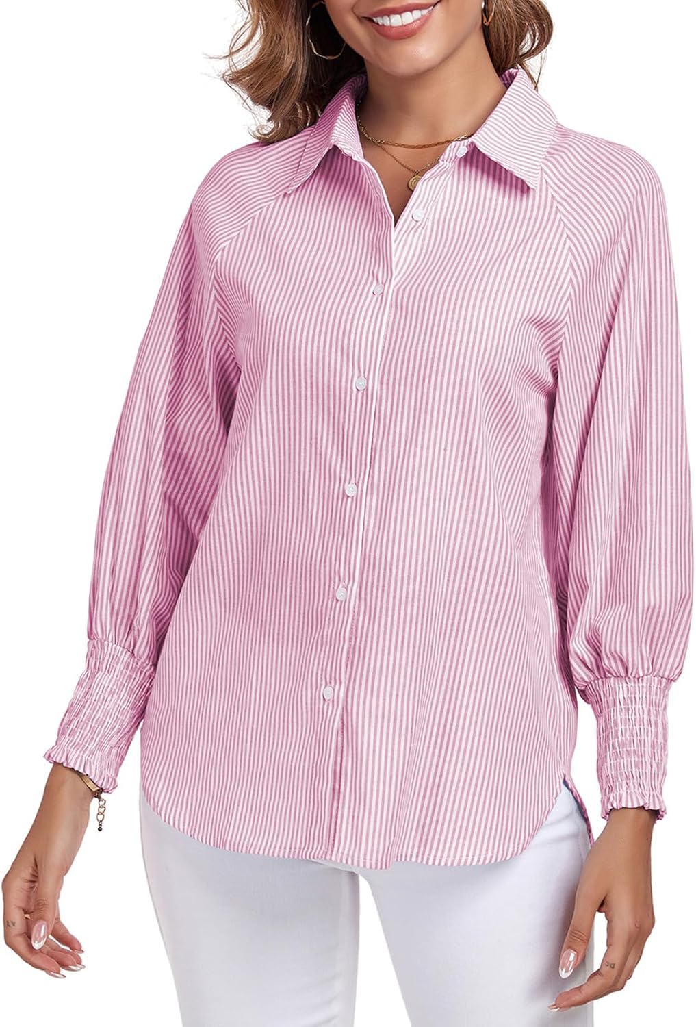 Size L...Button Down Shirts Striped Puff Long Sleeve Oversized Blouses Boyfriend Loose Tunics Collar Top