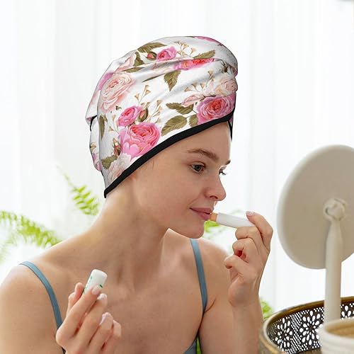 Miniatura 7 de Toalla de pelo grande de microfibra para mujeres y niñas, gorro de pelo seco con botón de flores rosas rosas, súper absorbente, suave, de secado