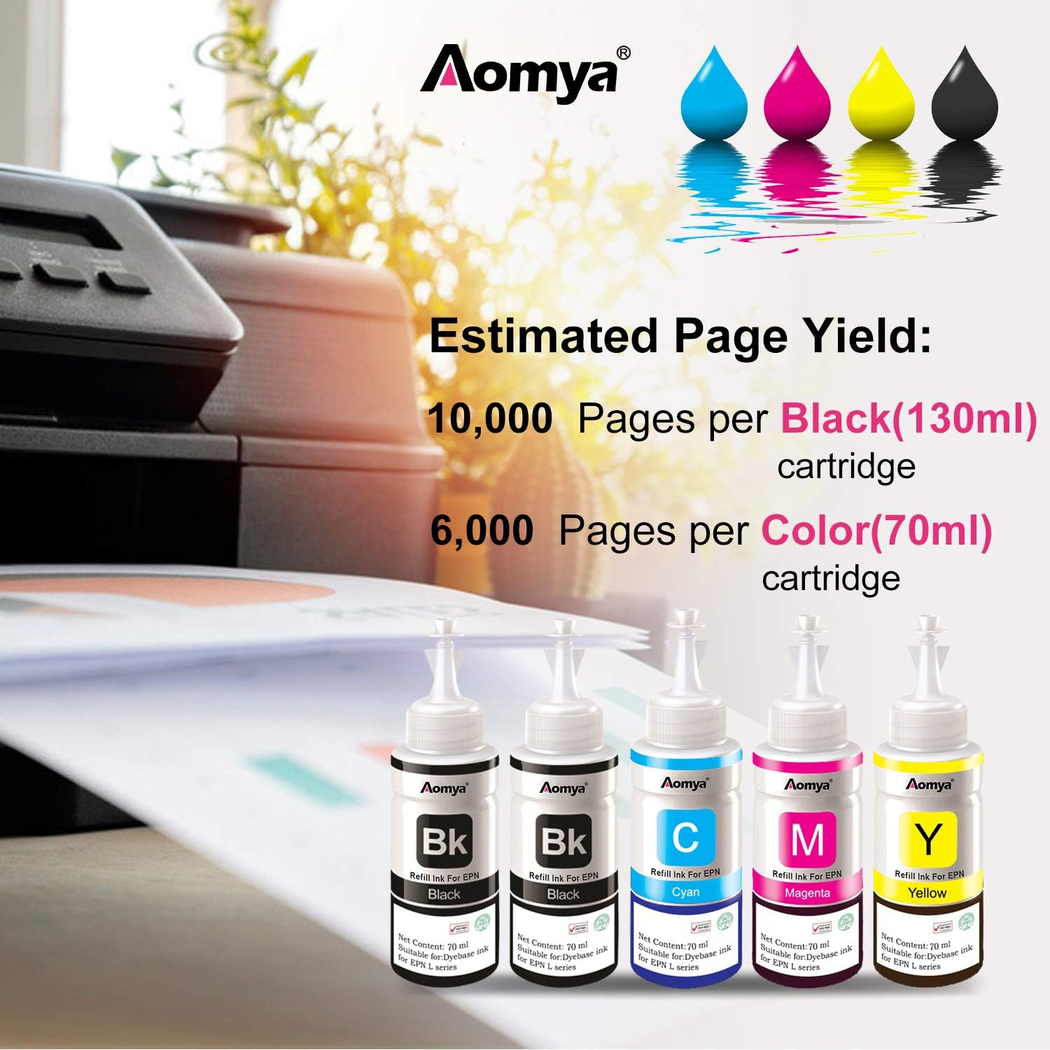 Aomya Compatible Epsn T664 Refill Ink Bottle kit for Expression ET-2650, ET-2500, ET-2550, ET-2600 & Workforce ET-16500, ET-4500, ET-4550 L100 L110 L120 L200 L210 L300 L350 L355 L550 L555 Printers