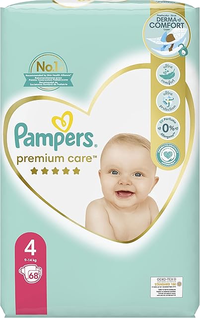 Pampers Pieluchy Rozmiar 4 (9-14kg), Premium Care Pieluszki, 68 Sztuk, Najlepszy Komfort i Ochrona Wrażliwej Skóry od Pampers