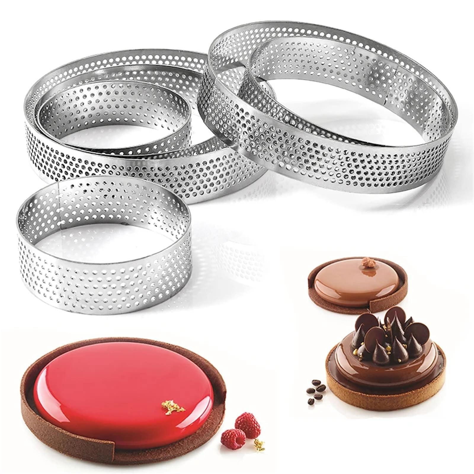 Anillo Para Tartas Anillo redondo perforado for tarta, molde for Tartas de fruta de acero inoxidable for hornear postres, moldes for pasteles y Mousse, herramientas de cocina(4PCS 10CM Silver A)