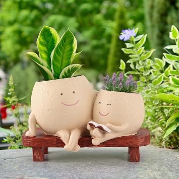Meltset Cute Face Planter Pot - Funny Double Head Planter Sitting on Bench, Smiley Succulent Pot with Drainage Indoor and Outdoor, Unique Gift for Plant LoversLight Brown
