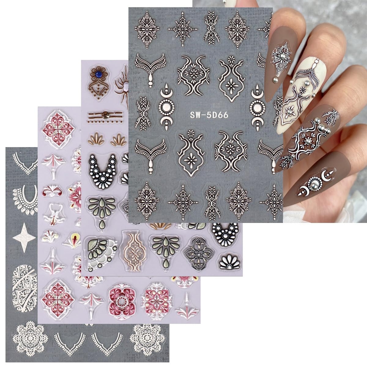 4 Sheets Retro 5D Relief Gel Stickers for Nails Lace Retro Style Black White Nail Art Stickers Self Adhesive Relief Stickers for Girl Woman Nail Designs