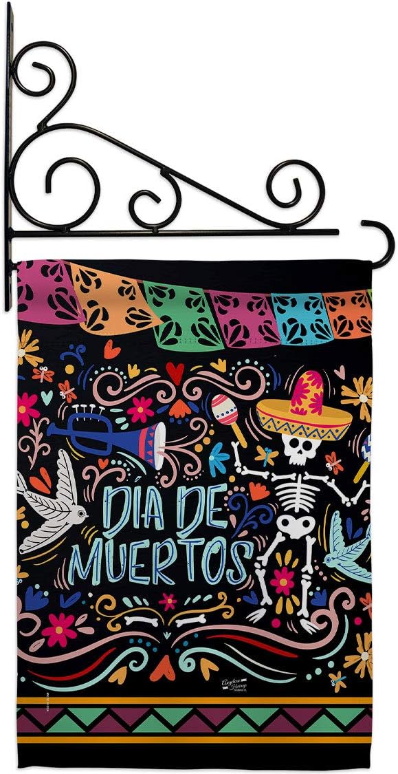 Colorful Dia de Muertos Garden Flag Set Wall Holder Falltime Day of Dead Los Fiesta Mexican Party Autumntime Small Decorative Gift Yard House Banner Made In USA 13 X 18.5