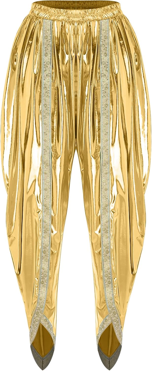 YiZYiF Arab Baggy Indian Harem Pants for Women's Gold Brocade Trim Metallic Shiny Palazzo for Party