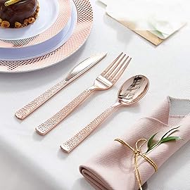 Supernal 360pcs Rose Gold Plastic Silverware,Rose Gold Utensils,Heavy Weight Plastic Cutlery,Disposable Silverware Sets Include 120 Forks,120 Spoons,120 Knives,Suitable for Wedding,Monther\'s Day,Party