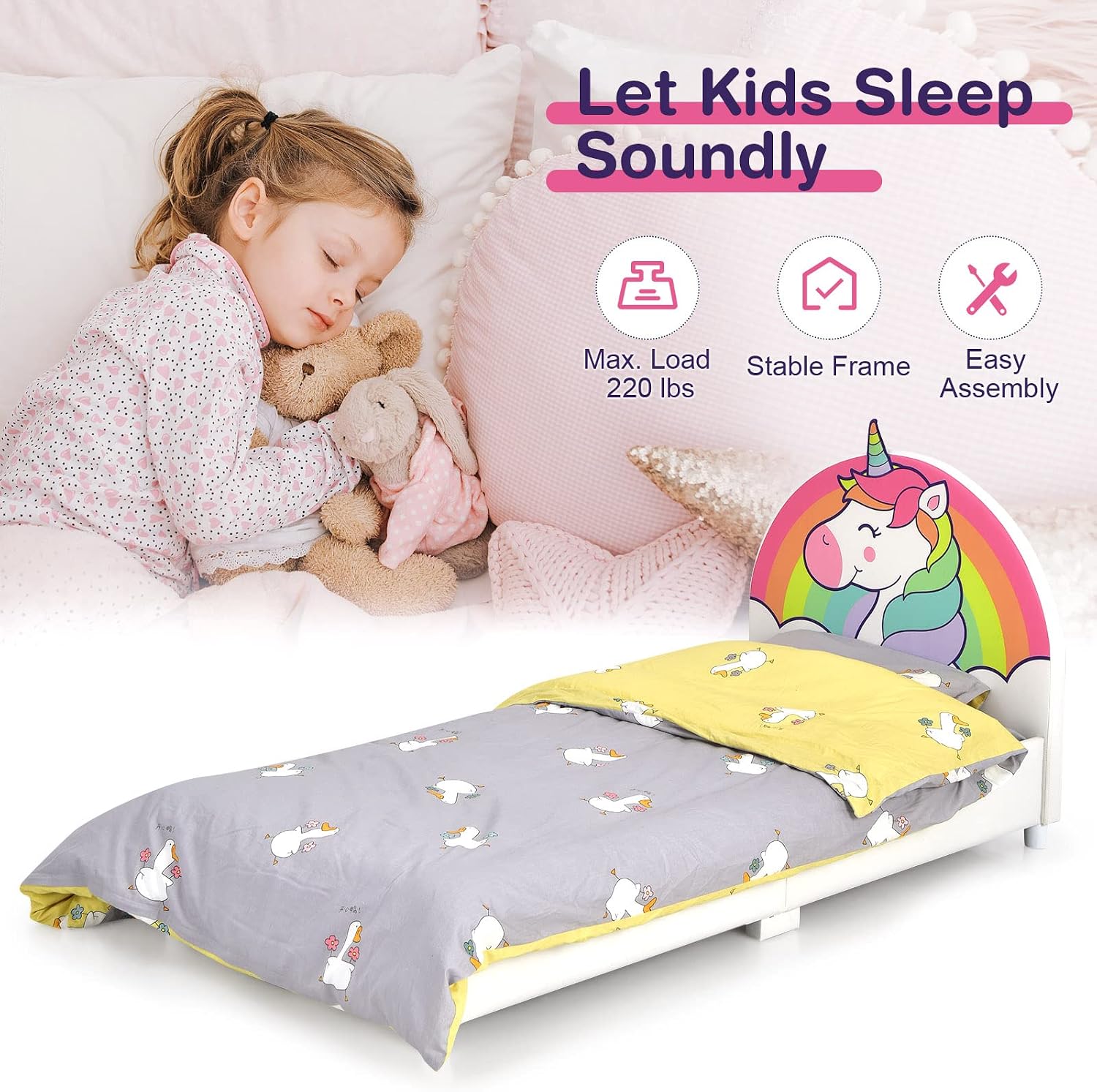 HONEY JOY Twin Bed Frames for Kids, Toddler Wooden Twin Bed Platform with Headboard & Slat Base, No Box Spring Needed, Children Bedroom Furniture for Boys Girls, Fits Standard Twin Mattress, Unicorn