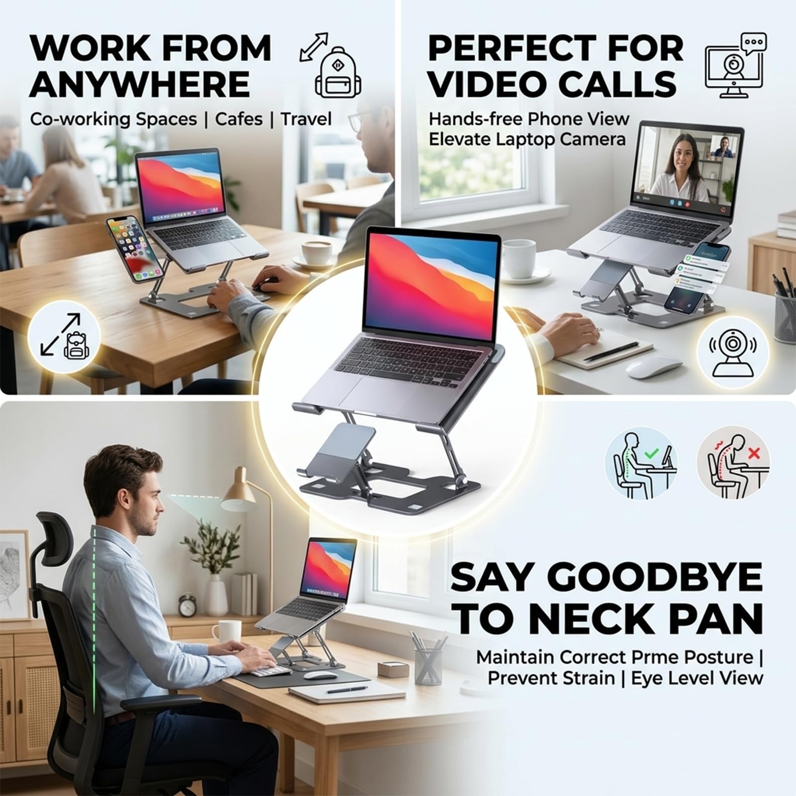 Supporto per PC Portatile Regolabile in Altezza, 2-in-1 con Supporto per Telefono, Supporto Ergonomico per Notebook Pieghevole in Acciaio al Carbonio per 10-17,3 Pollici per Ufficio