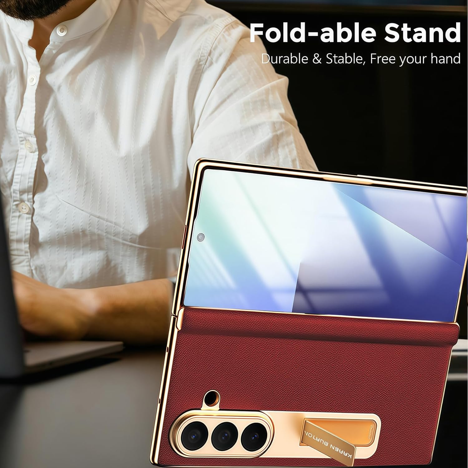 for Samsung Galaxy Z Fold 7 Case with Stand, Genuine Leather Case Phone Magnetic Hinge Protection Glass Front Screen Protector Full Coverage Shockproof Slim Fit Phone Cover for Z Fold 7 Red