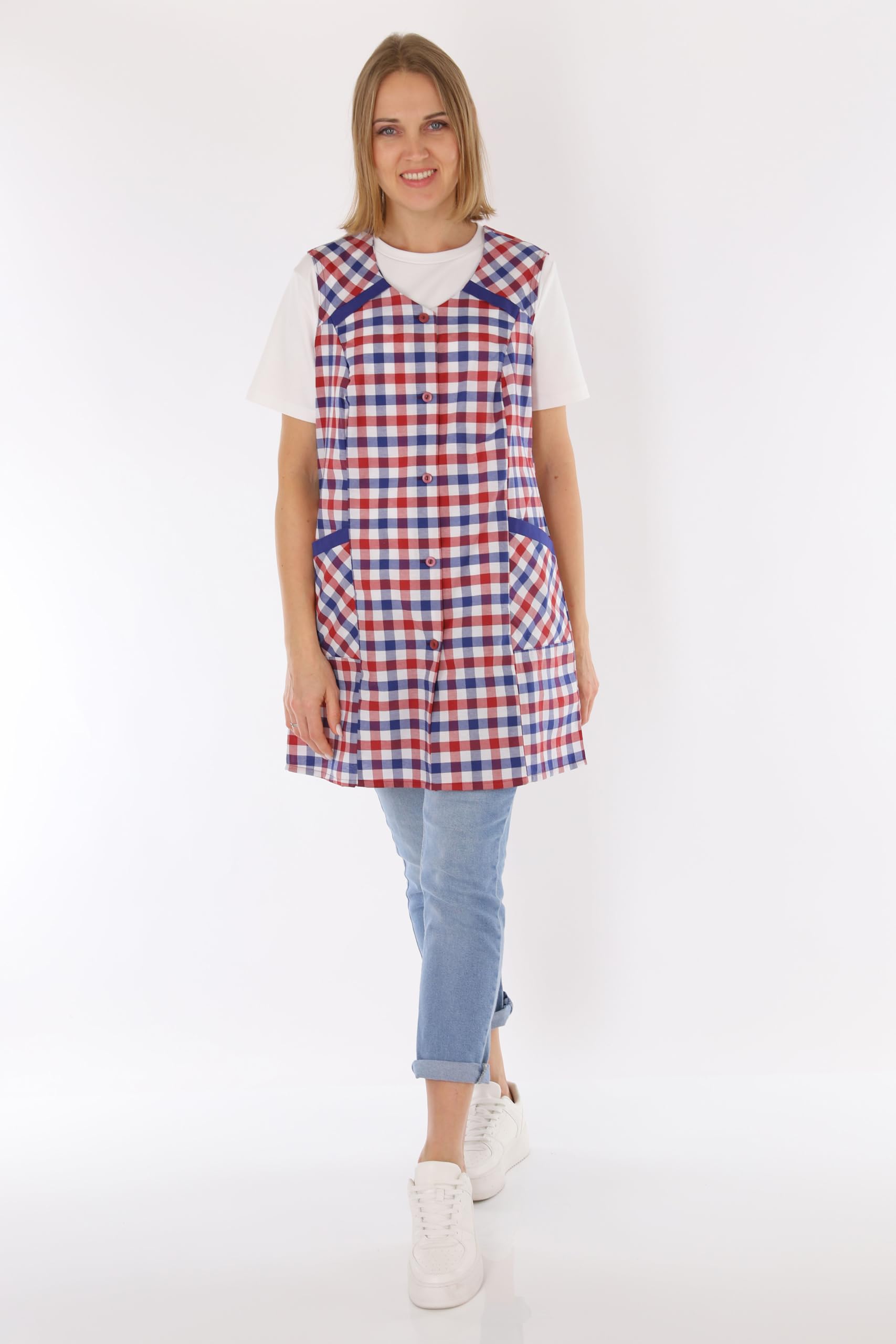 7/8 Casaca para mujer, poliéster, algodón, multicolor, delantal corto, sin mangas, delantal de cocina Diseño 3 48