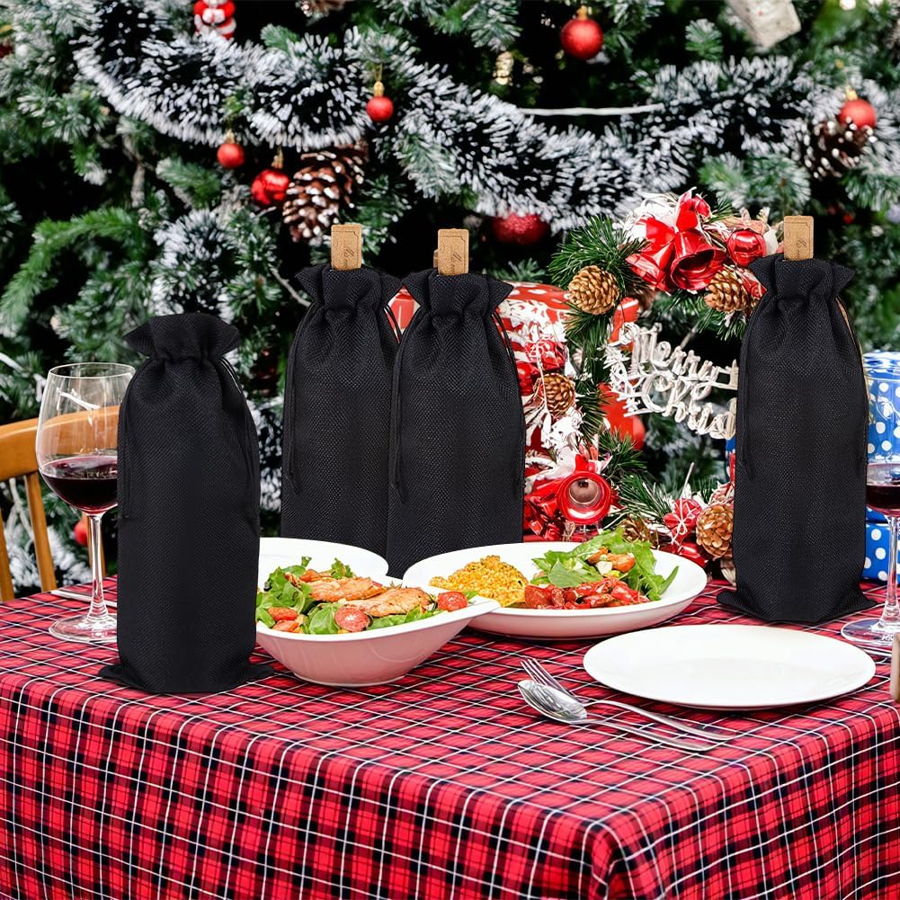 Beebeecraft 8Pcs Burlap Wine Bottle Bags 5.9x13.8 Inch Rectangle Black Reusable Drawstring Wine Bottle Gift Bags Pouch for Champagne Holiday Weeding Party Birthdays Christmas Travel Blind Tastings