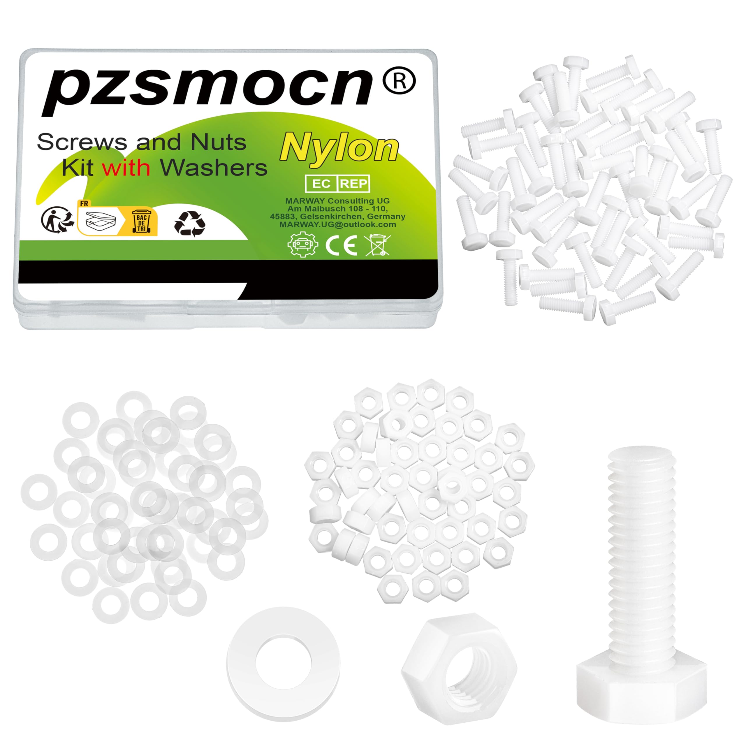 Pzsmocn 150 Pieces/50 Sets M6*20 mm Plastic White Nylon Outer Hexagon Screw Nut Combination Kit, with Insulating Washers, Standard Size, for DIY and