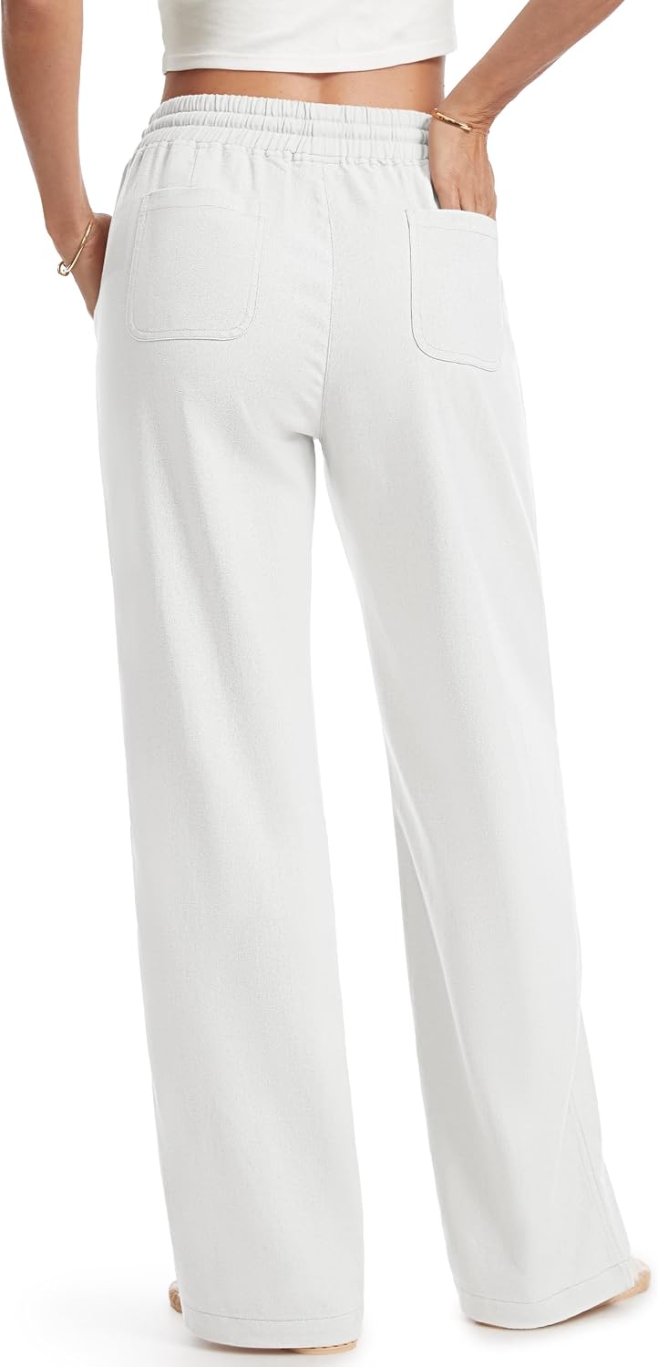 Prettyleaf Petite Women Casual Linen Pants 26"/28" Wide Leg Drawstring Waist Lounge Beach Summer Trousers with Pockets
