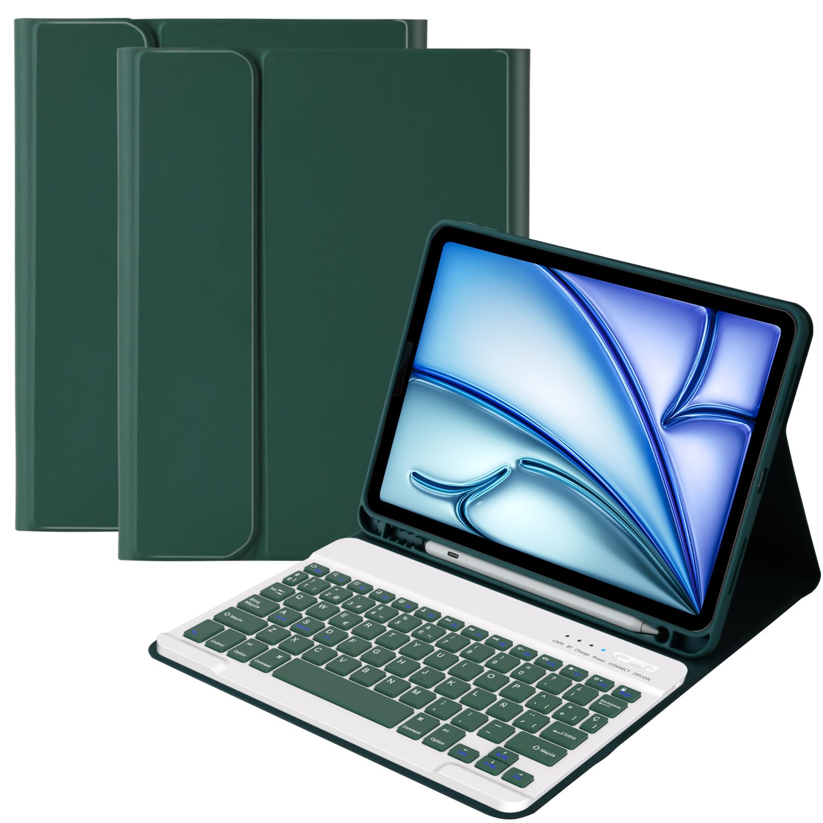 GAOJIE Funda con Teclado para iPad Air 11"(M2/M3) 2024/2025 iPad Air 5ª y 4ª Gen 10.9" 2022/2020, Funda con Portalápices Bluetooth Magnético Desmontable, Teclado QWERTY Español(Verde Oscuro)