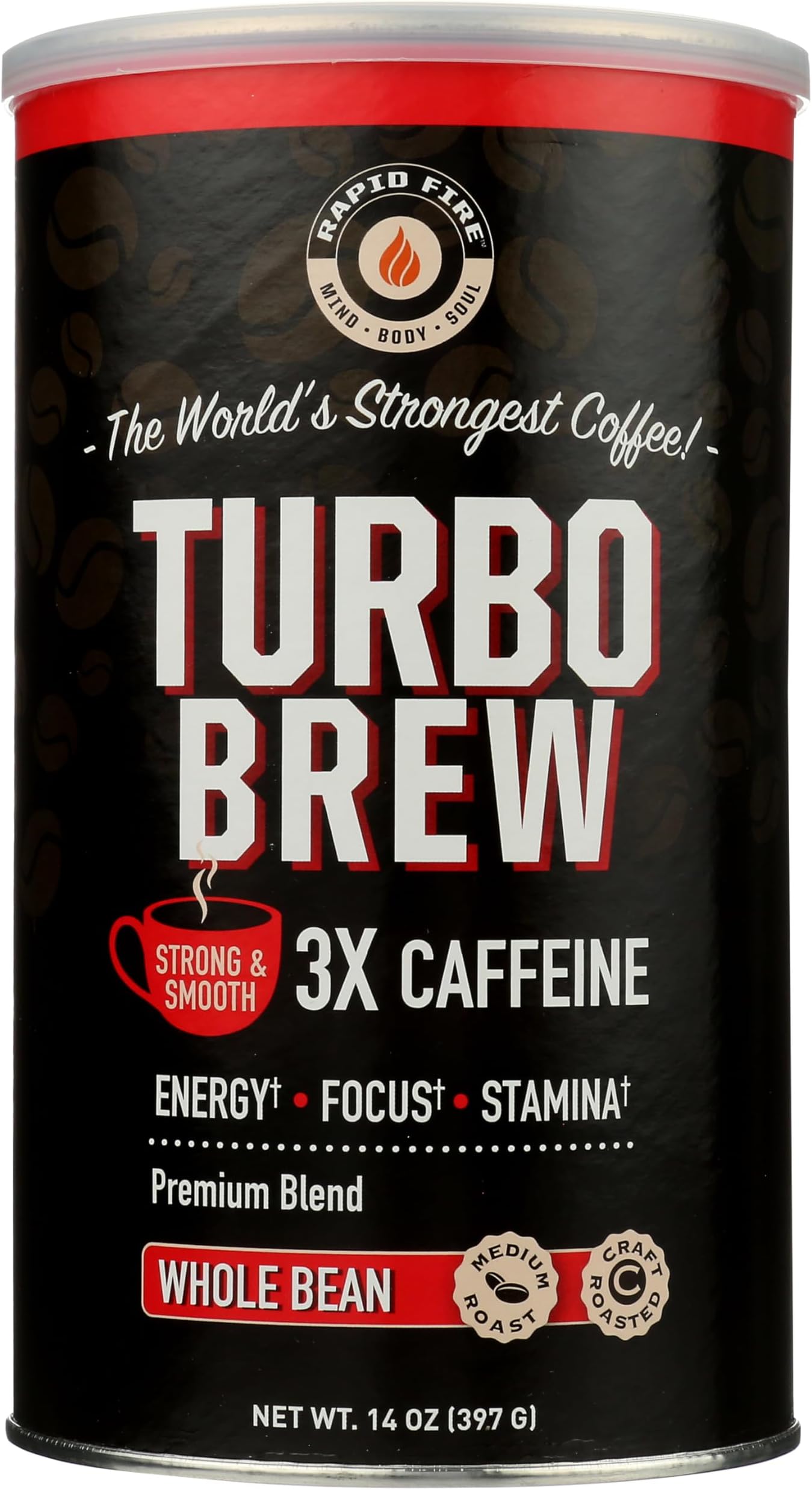 Rapidfire Turbo Brew Coffee Beans, Supports Energy, Enhances Focus, May Support Stamina, Whole Bean, 14 Oz