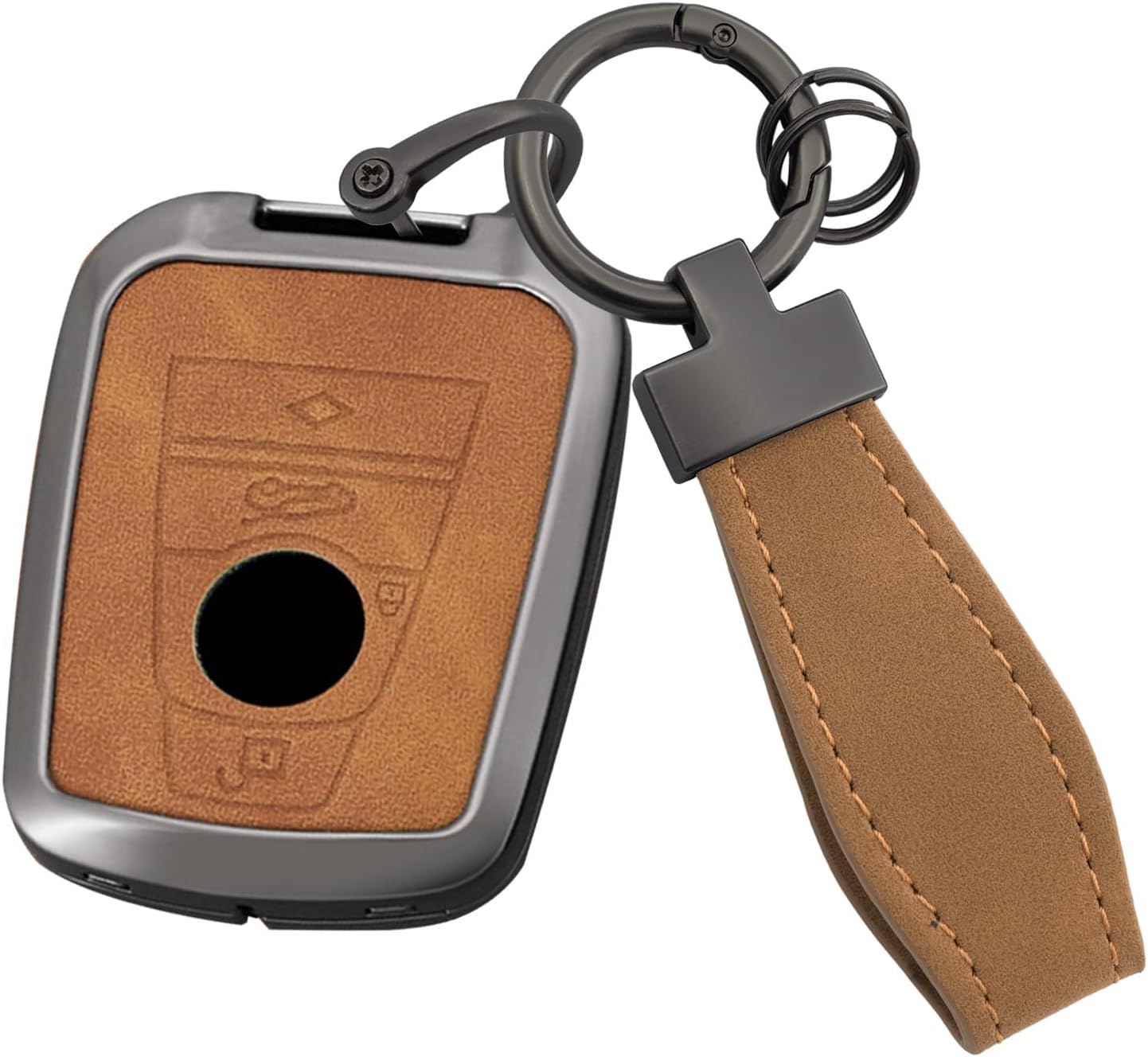 SANRILY Metal Leather Smart Key Fob Cover Compatible with BMW i8 i3 2014-2020 i Accessories Keyless Key Shell with Keychain Brown -A