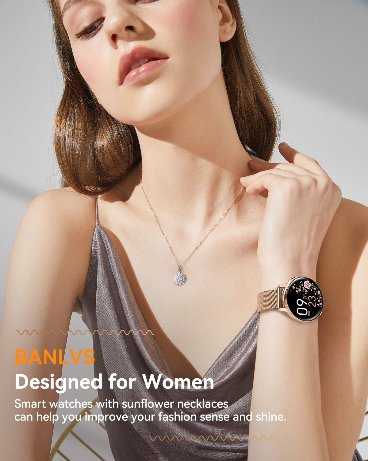 BANLVS Smartwatch Donna, 1.27” Orologio Smartwatch con Chiamata Bluetooth, 110 Modalità Sportive, Ciclo Mestruale, Cardiofrequenzimetro SpO2 e Sonno, IP68 Impermeabile Smartwatch per Android iOS Gold