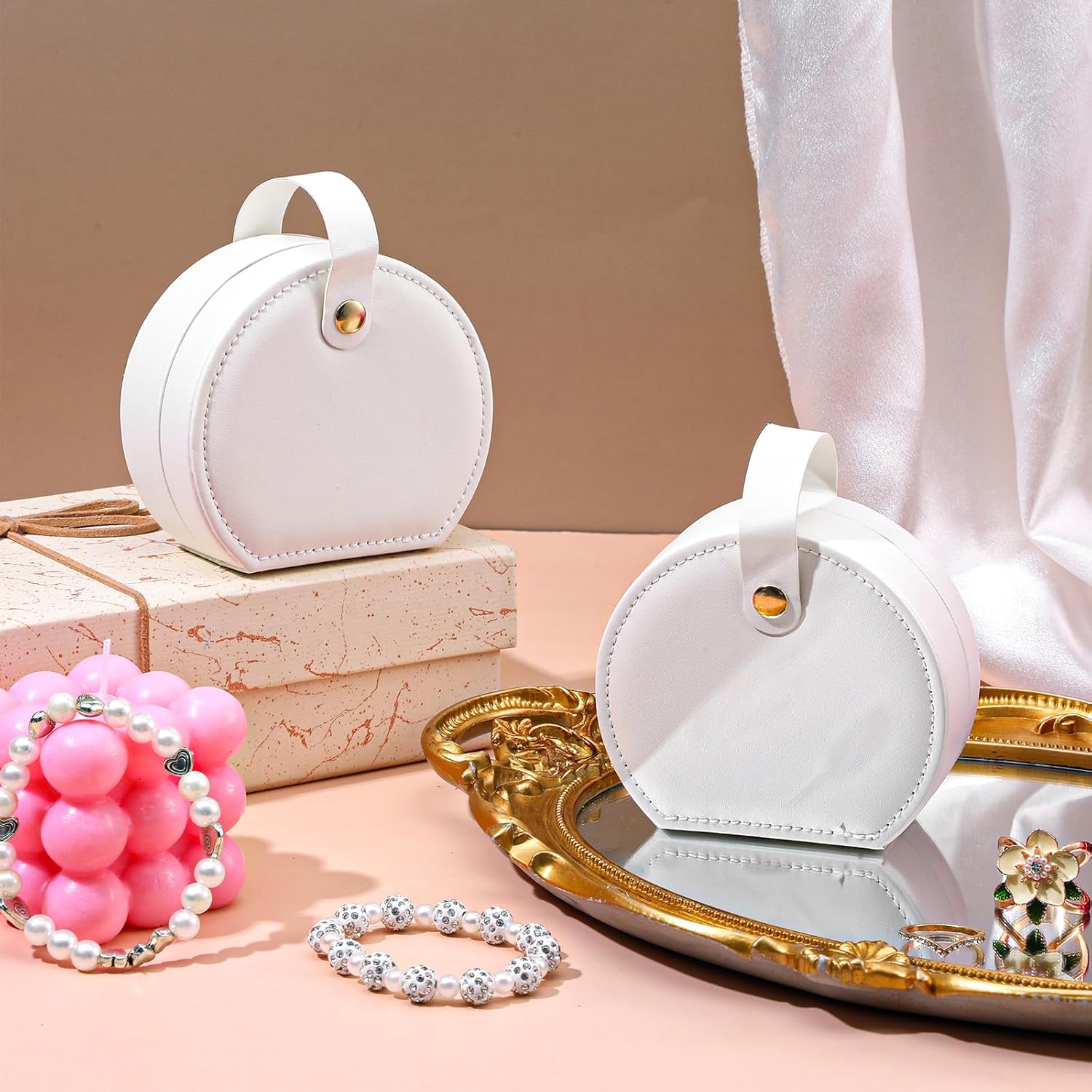 8 Pcs Travel Jewelry Case, Mini Leather Jewelry Organizer Box with Detachable Handle for Women and Teens, White