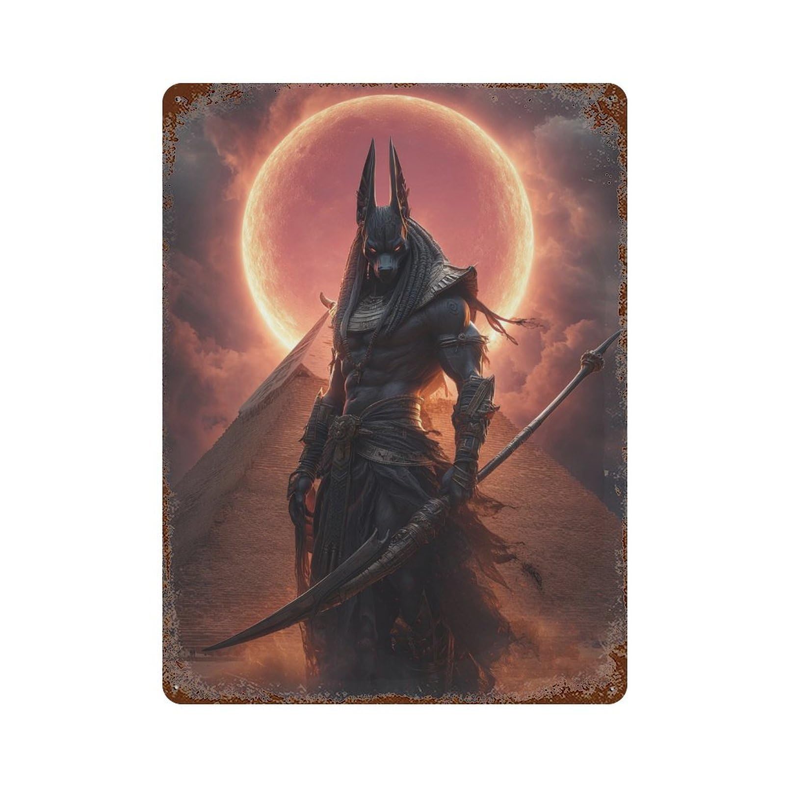 Weathered Tin Sign Egyptian God Anubis Statue 15.7"x11.8", Rustic Home Decor for Basement, Hobby Room And Garage Decor