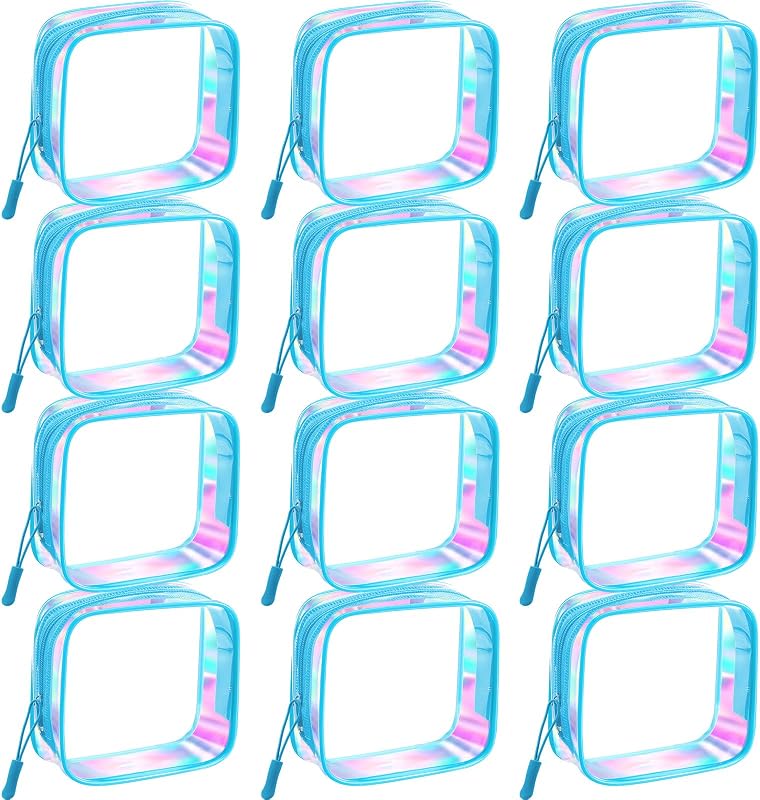 12 Pcs Iridescent Holographic Blue Clear Cosmetic Makeup Bags with Zipper Tsa Approved Pouches Bulk for Travel Transparent PVC Waterproof Carry Pouches Organizer Case for Men Women