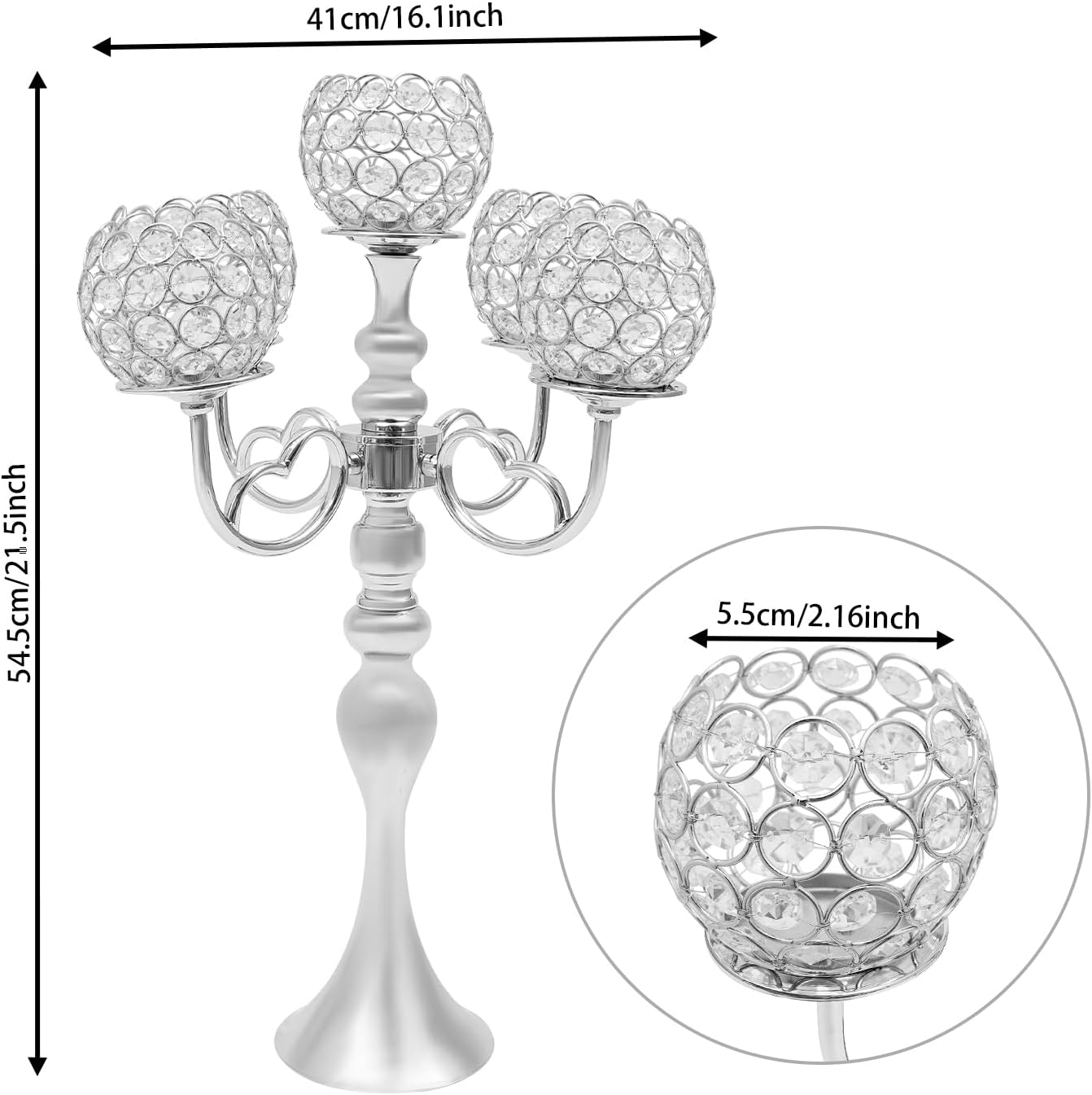 2Pcs 5-Arm Crystal Candelabra for Wedding Centerpieces, 21.5 Inch Tall Metal Candle Holder Candlestick Stand with Round Base for Wedding Party Dinner Table Event (Silver)