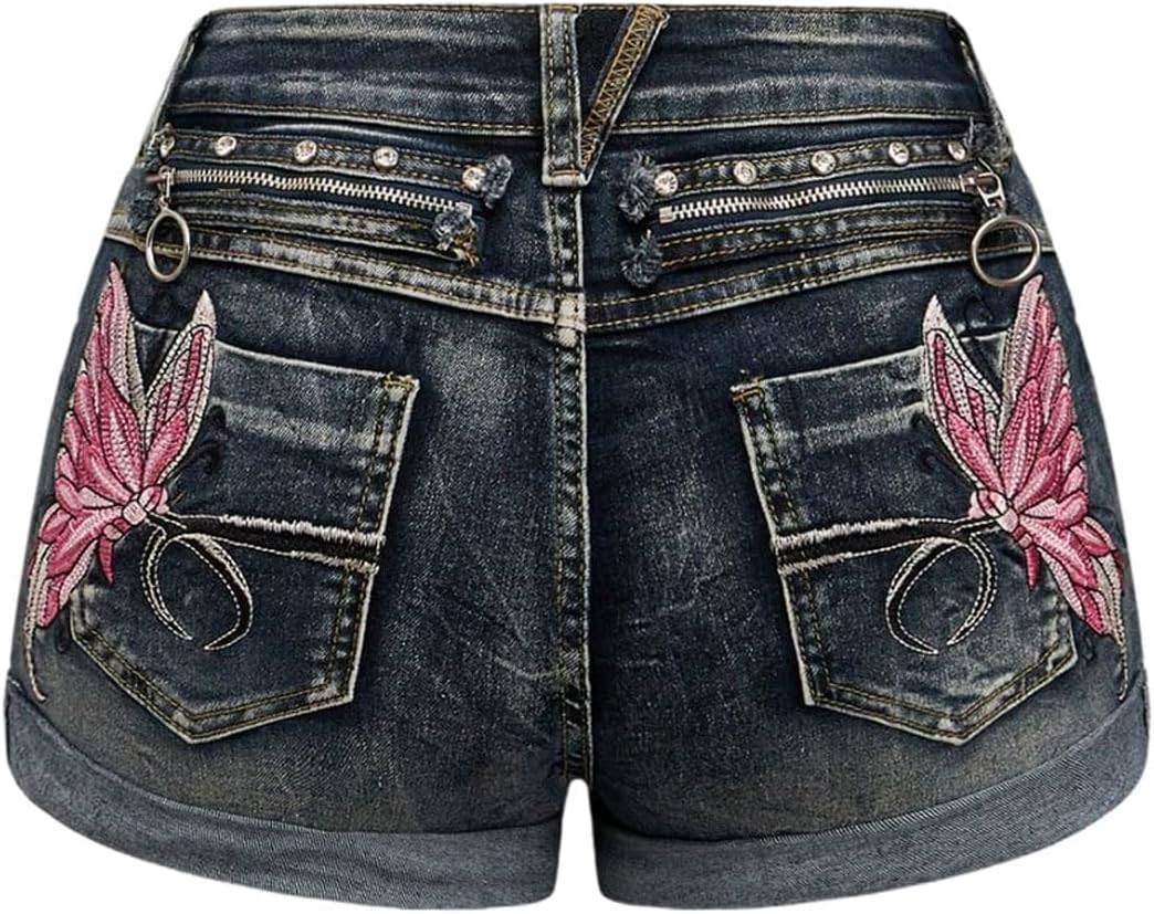 WDIRARA Women's Butterfly Embroidered Punk Denim Shorts Skinny Y2k Vintage Distressed Low Rise Jean Shorts