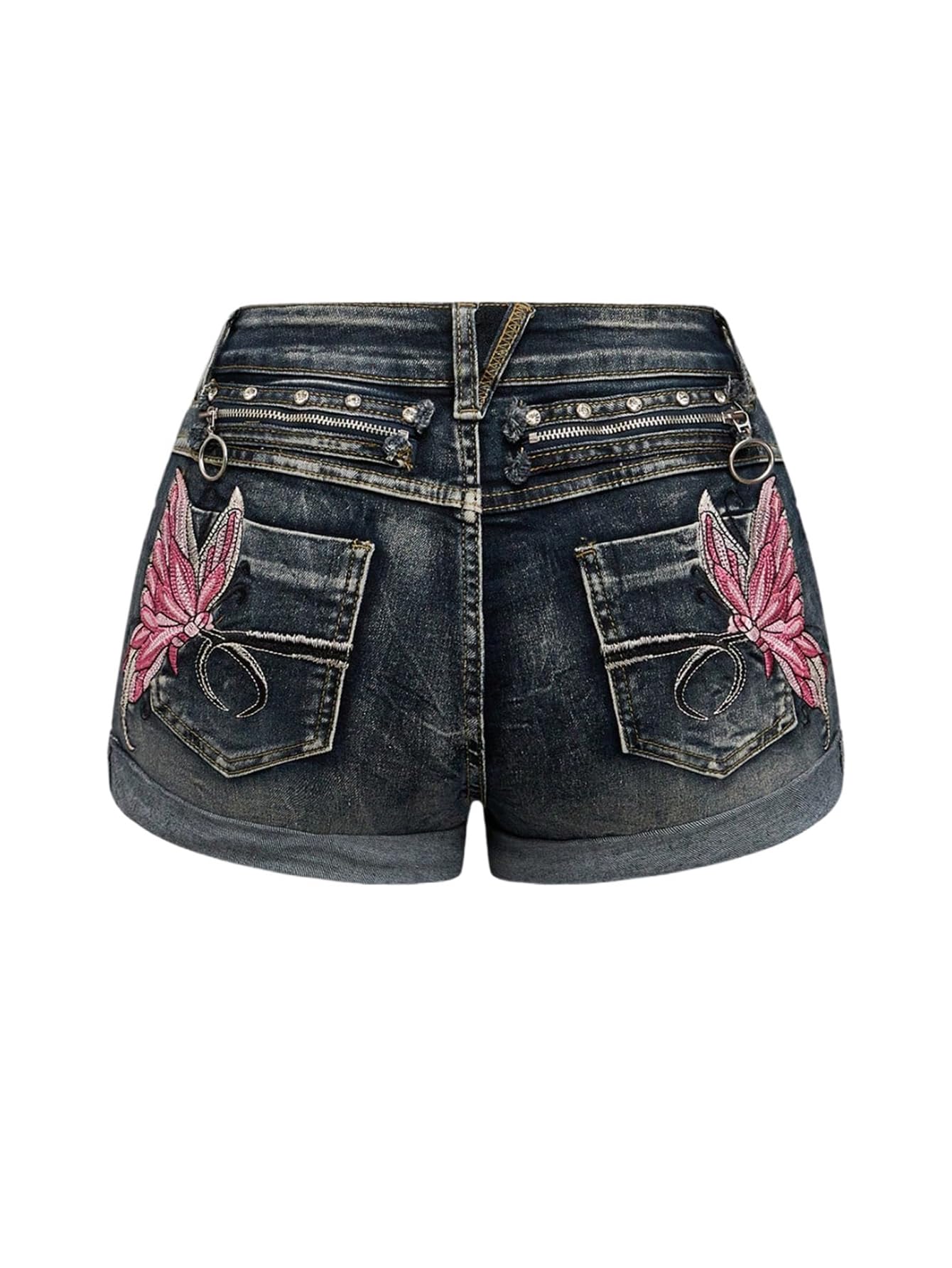 SOLY HUX Women's Y2k Butterfly Embroidery Distressed Jean Shorts Vintage Low Rise Mini Denim Shorts