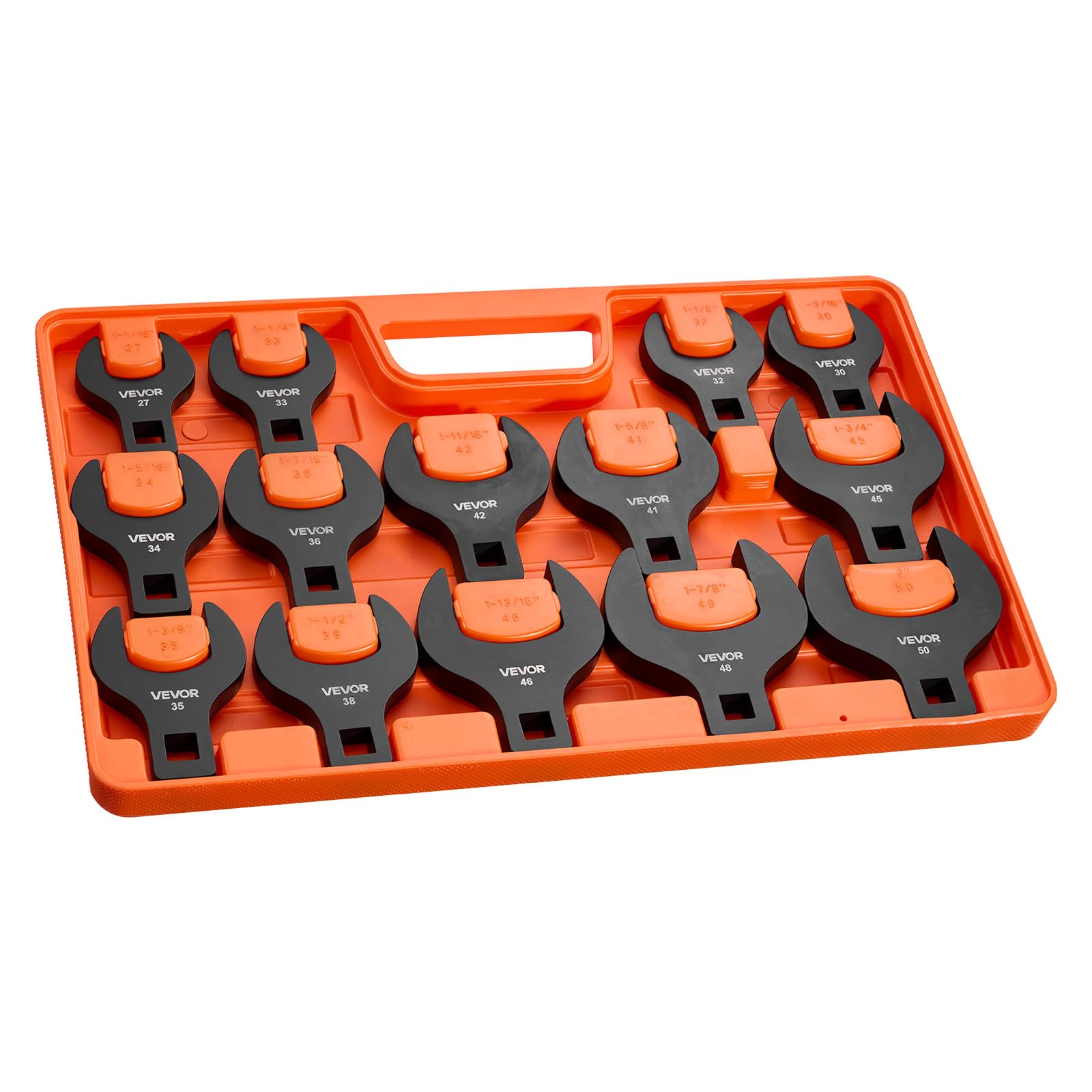 VEVOR Juego de Llaves de Pata de Gallo 14 Piezas Métricas de 27 a 50 mm, Llaves de Pata de Cuervo de Extremo Abierto, Accionamiento de 1/2", Bandeja de Almacenamiento, para Mantenimiento Reparación